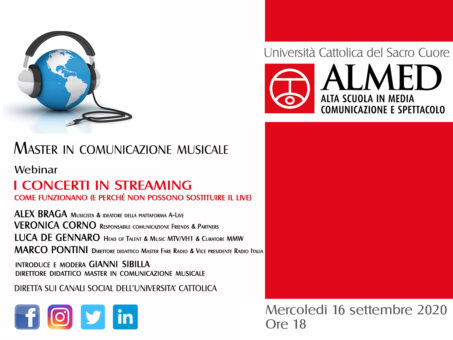 Università Cattolica – Master in Comunicazione Musicale: mercoledì 16 settembre il webinar “I Concerti in streaming”