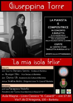 La pianista e compositrice Giuseppina Torre domani e sabato 26 novembre a Barletta in occasione della Giornata Internazionale per l’eliminazione della violenza contro le donne